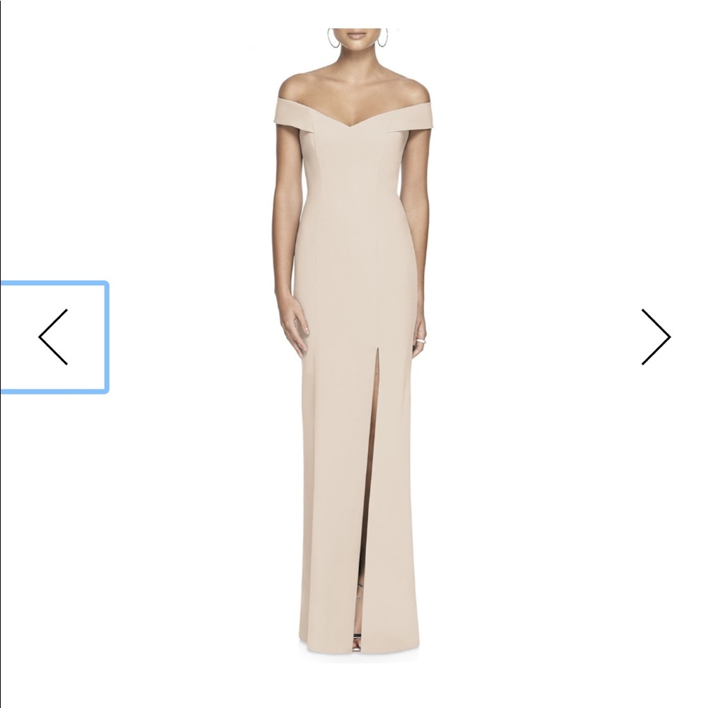Dessy off the shoulder column gown with slit cameo